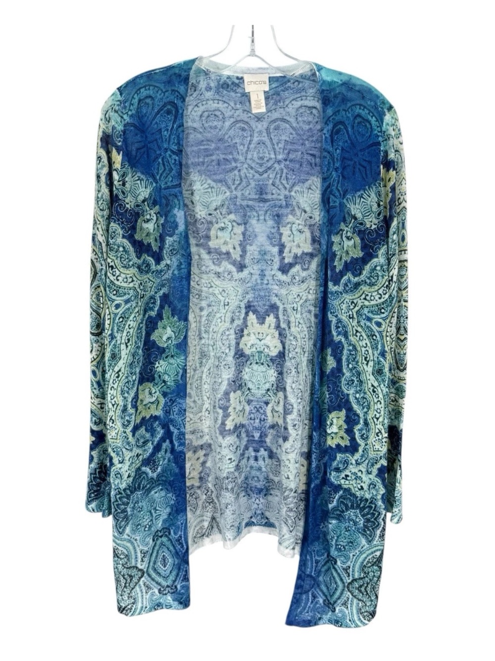 Chicos Lightweight Cardigan Size 1 Blue Paisley Knit Relaxed Womens Medium